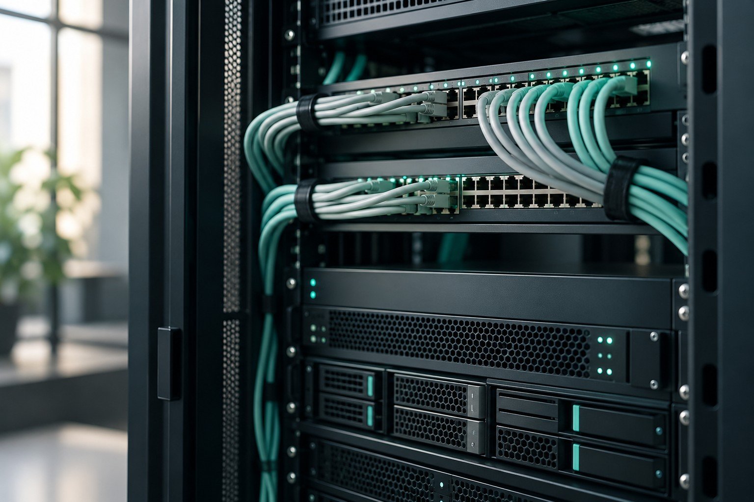 Netwerkapparatuur met netjes geordende kabels en zachte mintgroene details