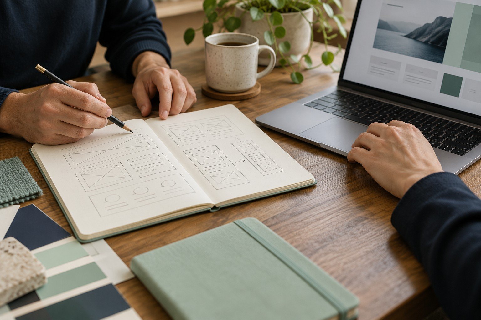 Handen werken aan de indeling van een website in een schetsboek