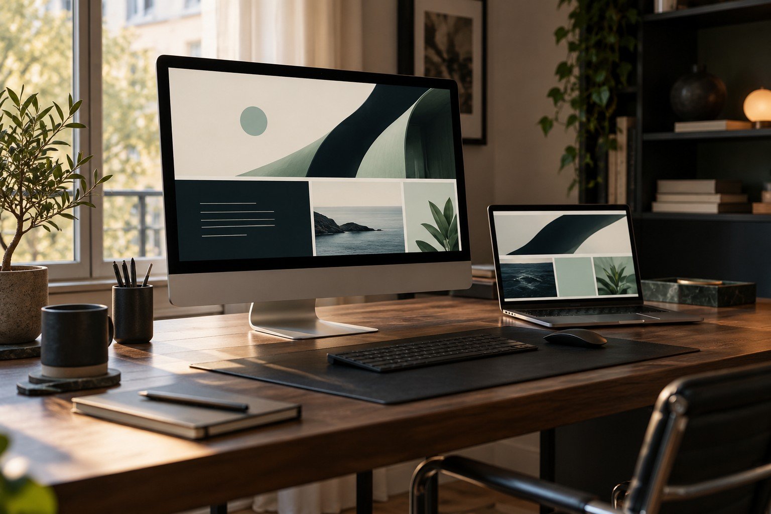 Een rustige webdesignwerkplek met een groot scherm en laptop